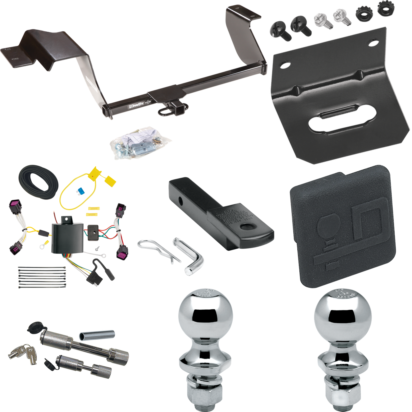 Fits 2012-2016 Chevrolet Sonic Trailer Hitch Tow PKG w/ 4-Flat Wiring Harness + Draw-Bar + 1-7/8" + 2" Ball + Wiring Bracket + Hitch Cover + Dual Hitch & Coupler Locks (For Hatchback Models) By Draw-Tite