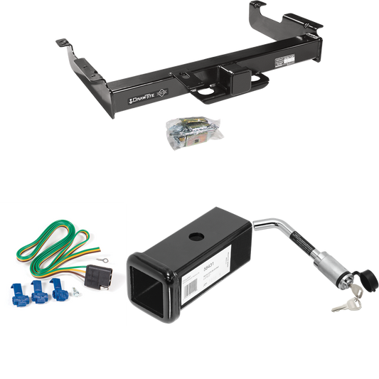 Fits 1996-1999 Chevrolet Express 3500 Trailer Hitch Tow PKG w/ 4-Flat Wiring Harness + 2-1/2" to 2" Adapter 7" Length + Hitch Lock By Draw-Tite