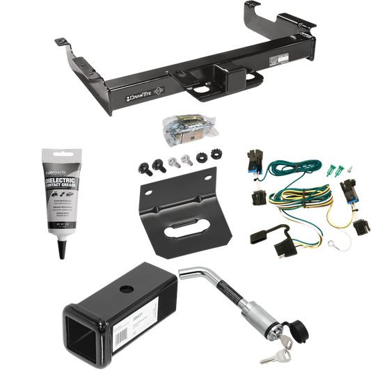 Fits 2003-2023 Chevrolet Express 2500 Trailer Hitch Tow PKG w/ 4-Flat Wiring Harness + 2-1/2" to 2" Adapter 7" Length + Hitch Lock + Wiring Bracket + Electric Grease By Draw-Tite