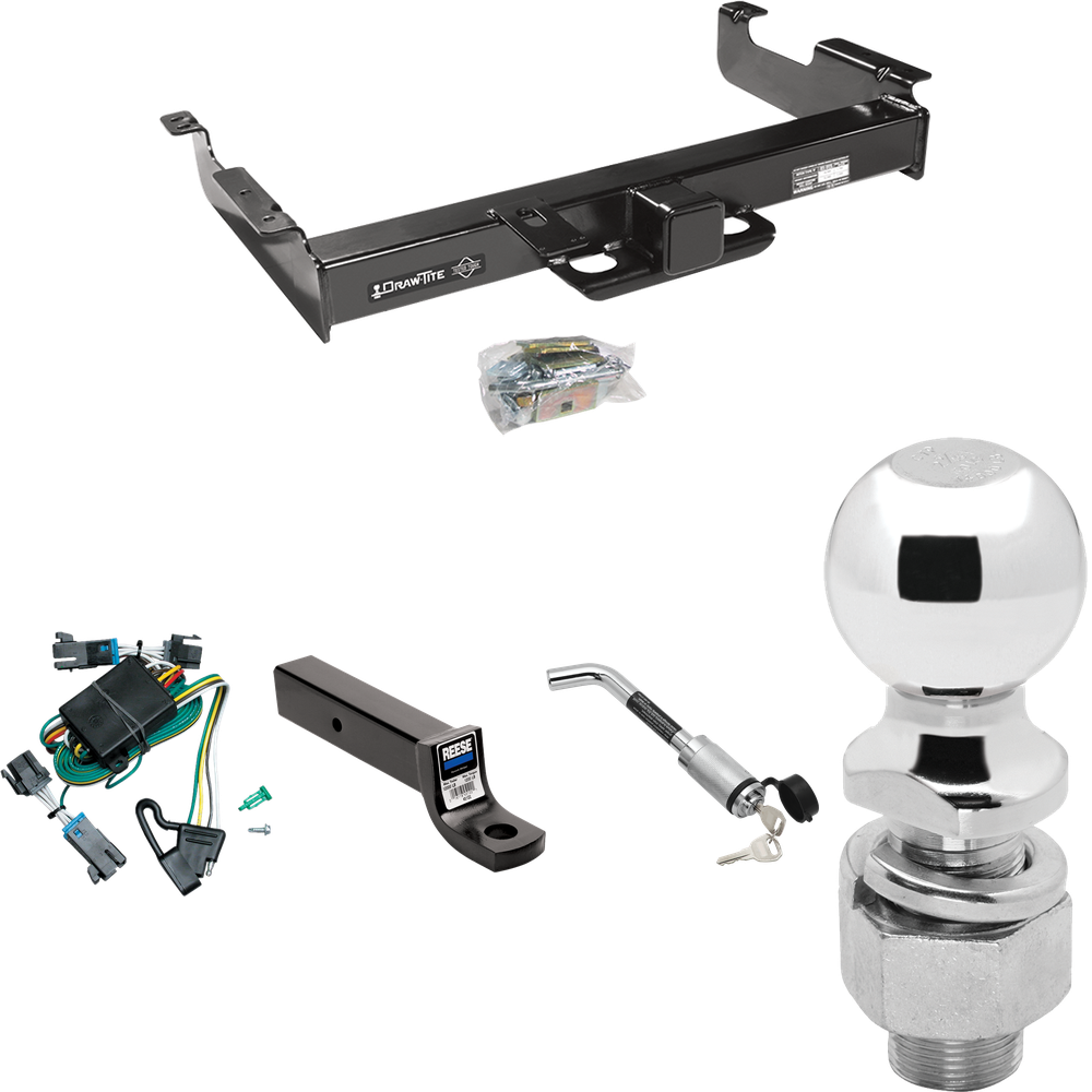 Fits 2000-2002 Chevrolet Express 2500 Trailer Hitch Tow PKG w/ 4-Flat Wiring Harness + Ball Mount w/ 3" Drop + Hitch Lock + 2-5/16" Ball By Draw-Tite