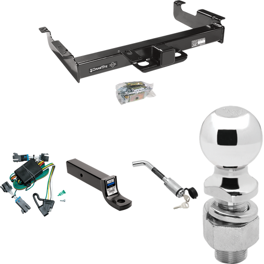 Fits 2000-2002 Chevrolet Express 2500 Trailer Hitch Tow PKG w/ 4-Flat Wiring Harness + Ball Mount w/ 3" Drop + Hitch Lock + 2-5/16" Ball By Draw-Tite