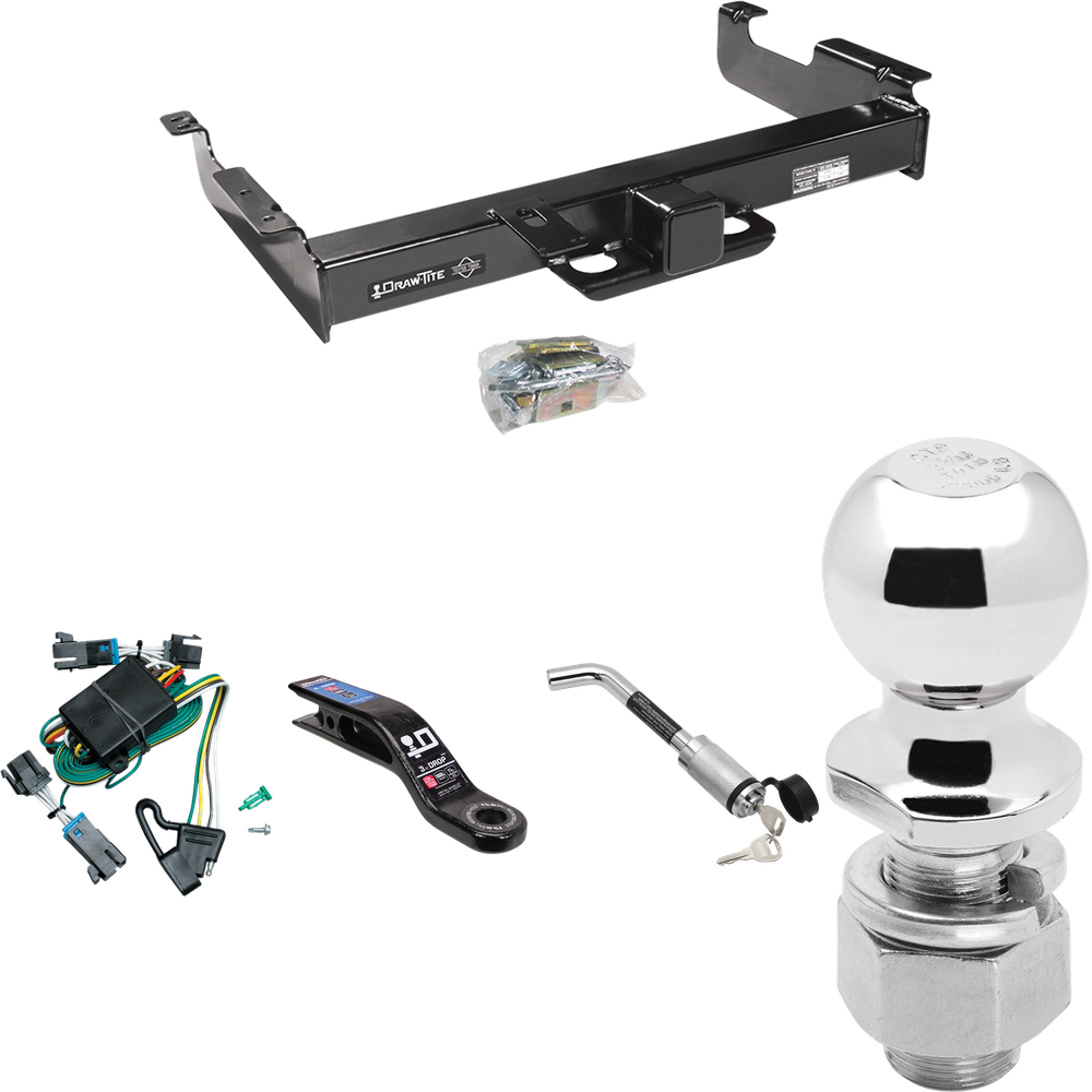 Fits 2000-2002 Chevrolet Express 3500 Trailer Hitch Tow PKG w/ 4-Flat Wiring Harness + Ball Mount w/ 3" Drop + Hitch Lock + 2-5/16" Ball By Draw-Tite