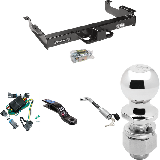 Fits 2000-2002 Chevrolet Express 3500 Trailer Hitch Tow PKG w/ 4-Flat Wiring Harness + Ball Mount w/ 3" Drop + Hitch Lock + 2-5/16" Ball By Draw-Tite