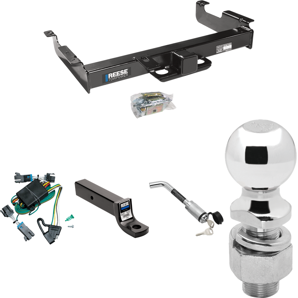 Fits 2000-2002 Chevrolet Express 2500 Trailer Hitch Tow PKG w/ 4-Flat Wiring Harness + Ball Mount w/ 3" Drop + Hitch Lock + 2-5/16" Ball By Reese Towpower