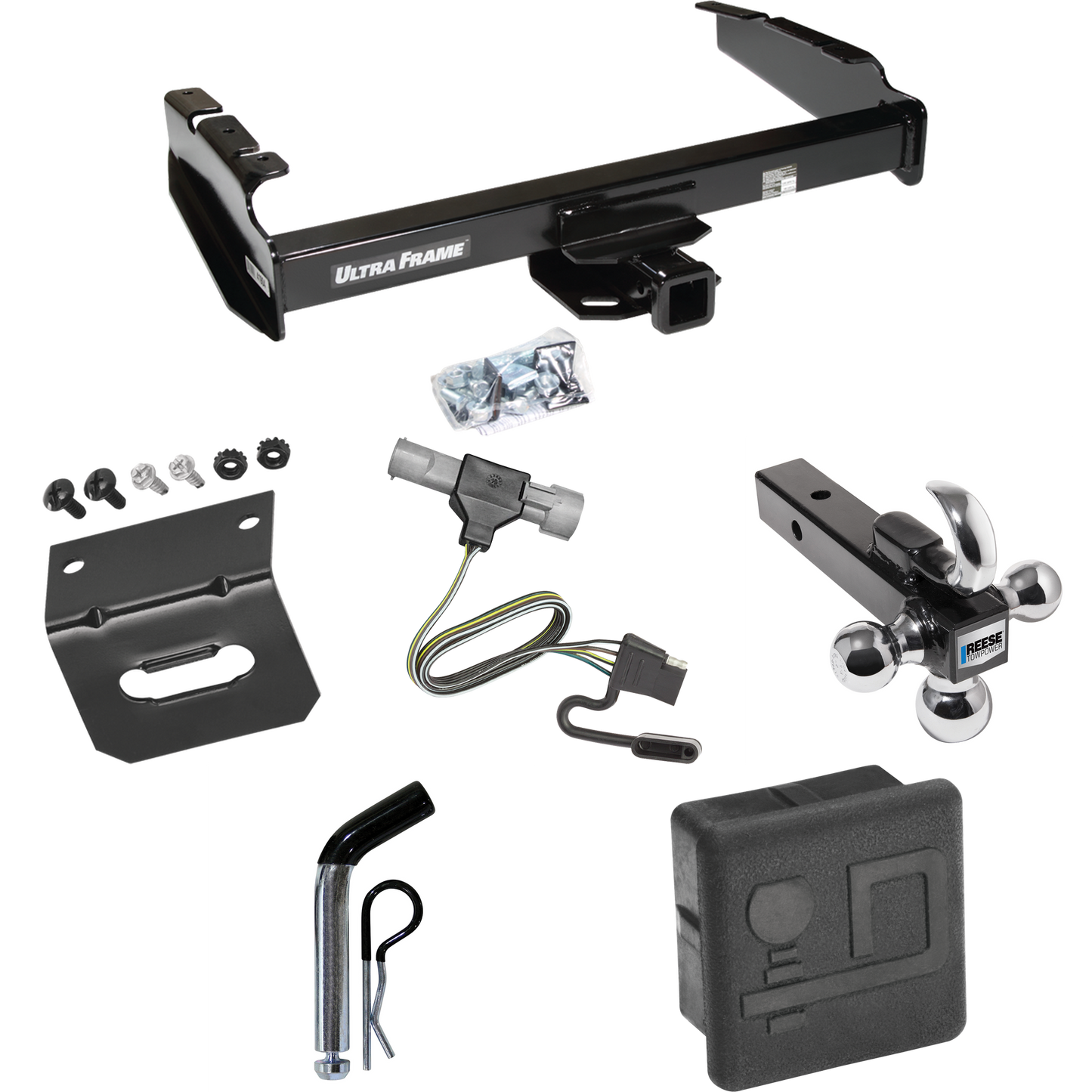 Fits 1987-1996 Ford F-350 Trailer Hitch Tow PKG w/ 4-Flat Wiring Harness + Triple Ball Ball Mount 1-7/8" & 2" & 2-5/16" Trailer Balls w/ Tow Hook + Pin/Clip + Hitch Cover + Wiring Bracket By Draw-Tite