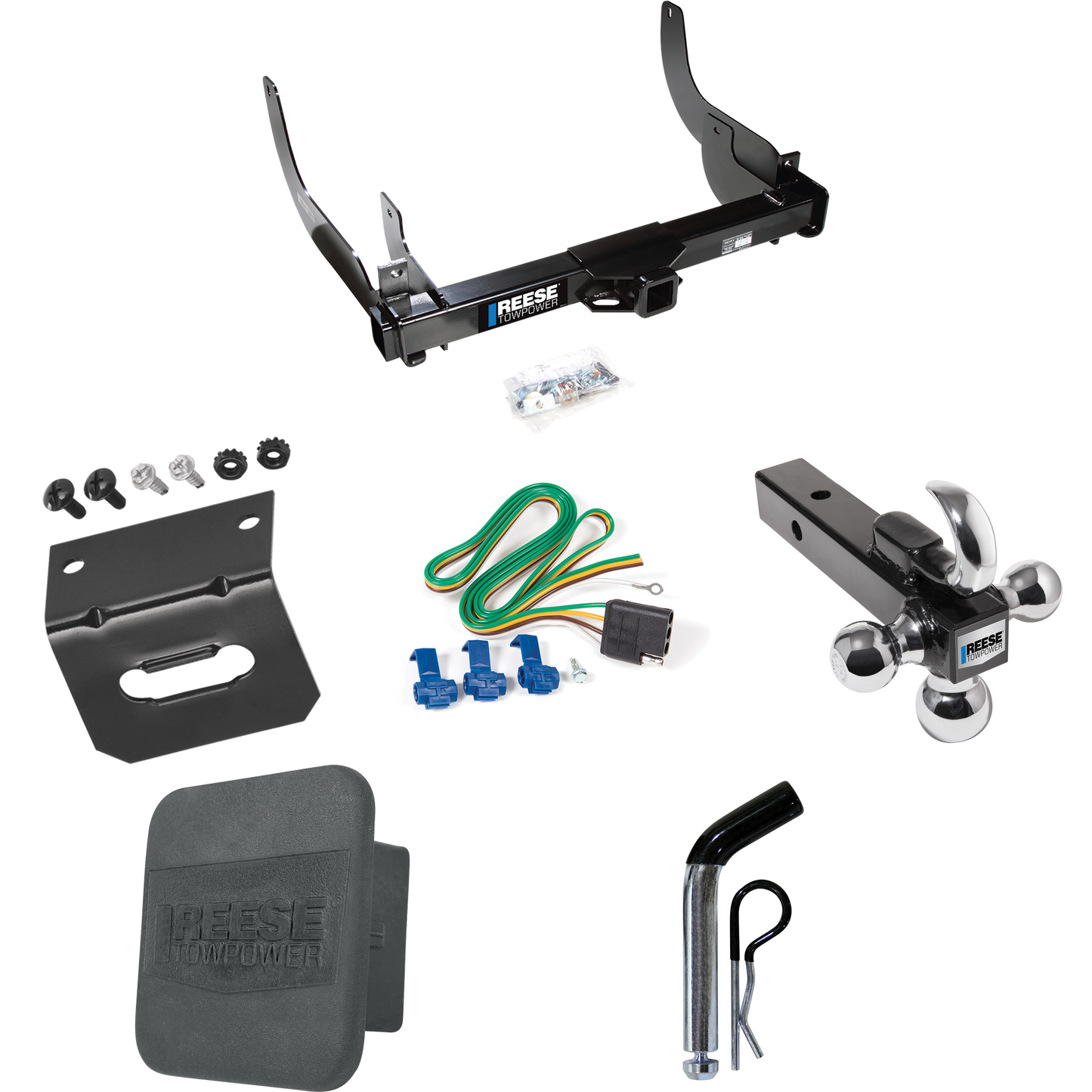 Fits 2006-2008 Ford F-150 Trailer Hitch Tow PKG w/ 4-Flat Wiring Harness + Triple Ball Ball Mount 1-7/8" & 2" & 2-5/16" Trailer Balls w/ Tow Hook + Pin/Clip + Hitch Cover + Wiring Bracket By Reese Towpower