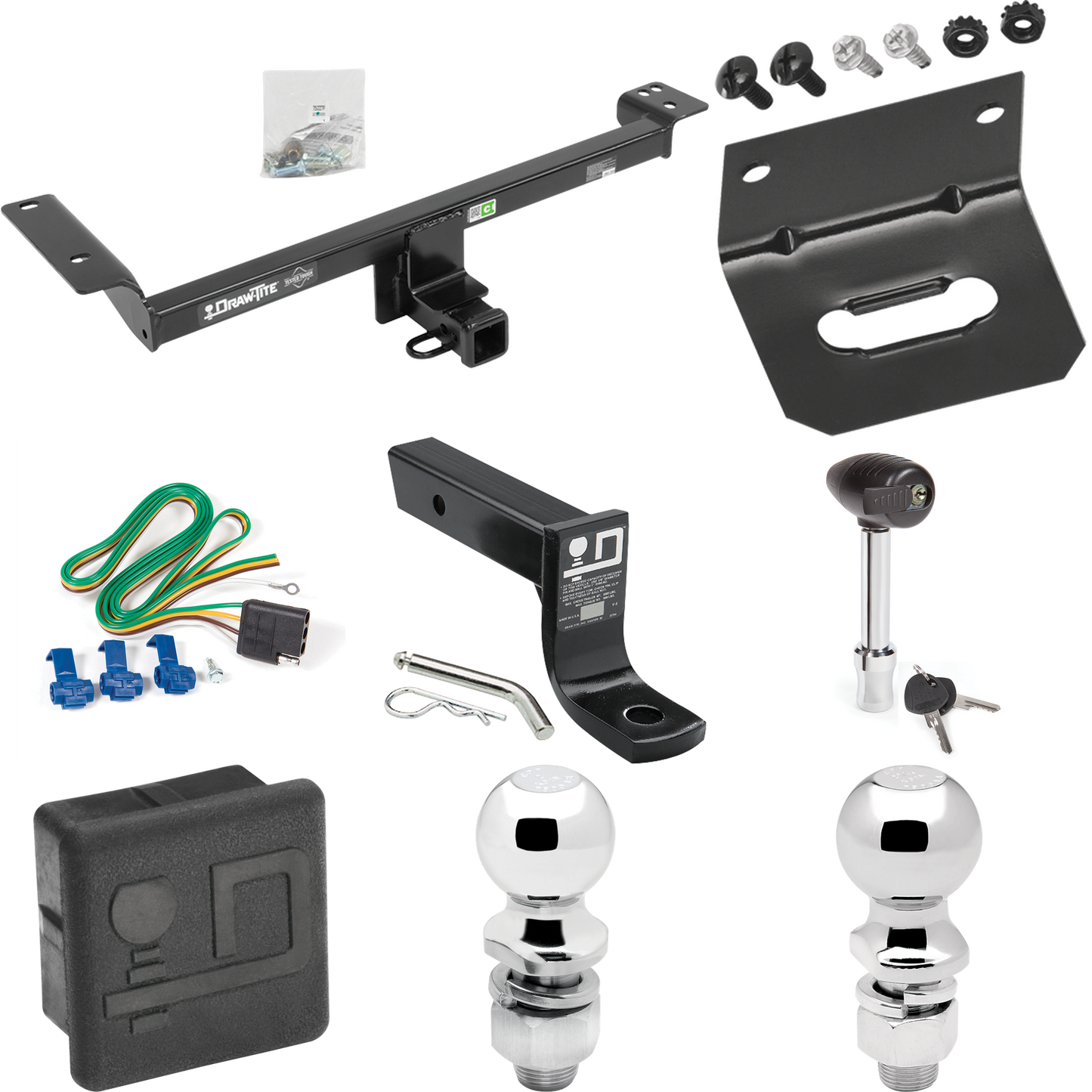 Fits 2012-2019 Land Rover Range Rover Evoque Trailer Hitch Tow PKG w/ 4-Flat Wiring + Ball Mount w/ 4" Drop + 2" Ball + 2-5/16" Ball + Wiring Bracket + Hitch Lock + Hitch Cover (For Excluding Autobiography and Convertibles Models) By Draw-Tite