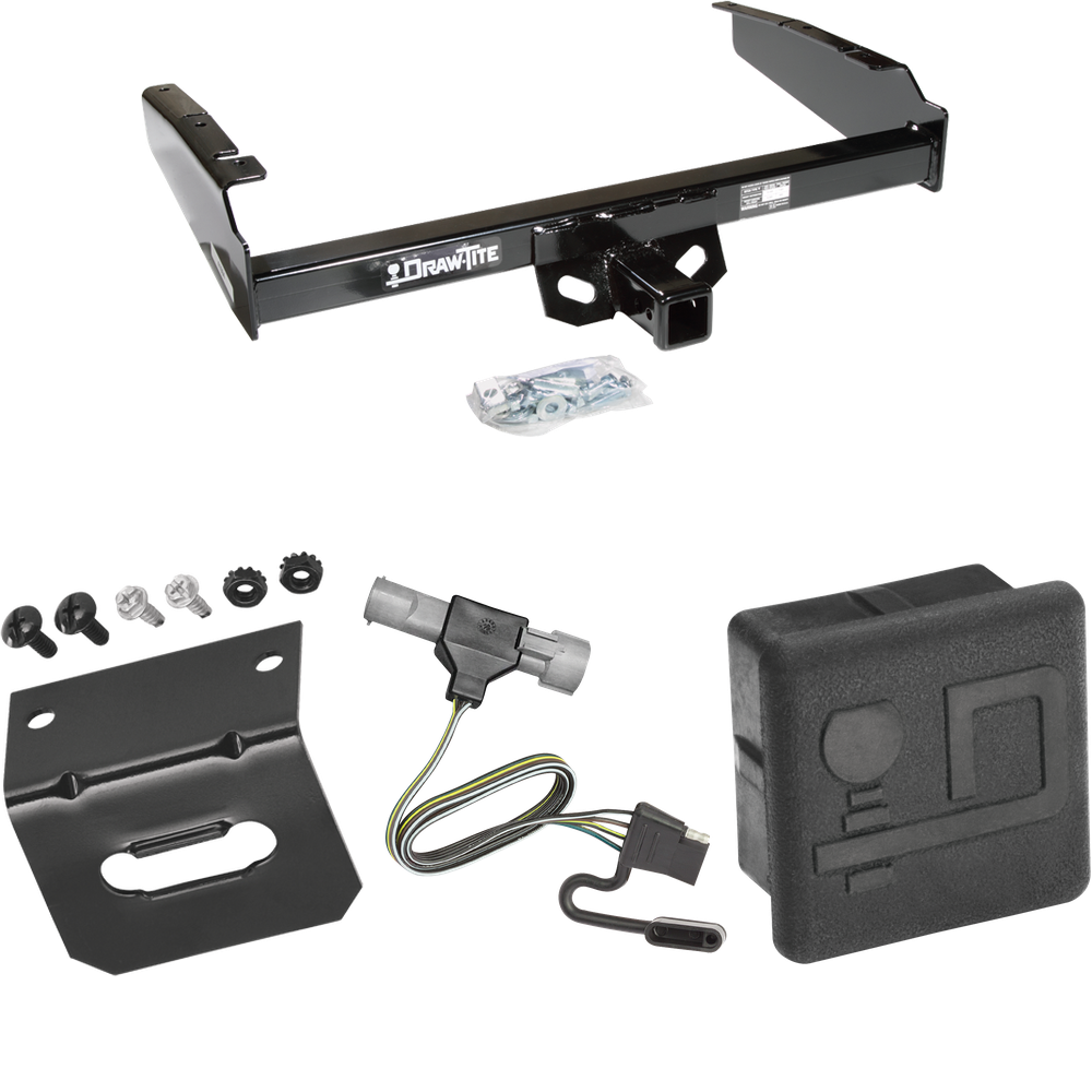 Fits 1987-1996 Ford F-250 Trailer Hitch Tow PKG w/ 4-Flat Wiring Harness + Wiring Bracket + Hitch Cover By Draw-Tite