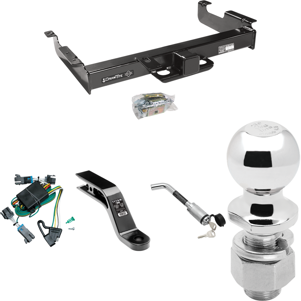 Fits 2000-2002 GMC Savana 3500 Trailer Hitch Tow PKG w/ 4-Flat Wiring Harness + Ball Mount w/ 5" Drop + Hitch Lock + 2-5/16" Ball By Draw-Tite