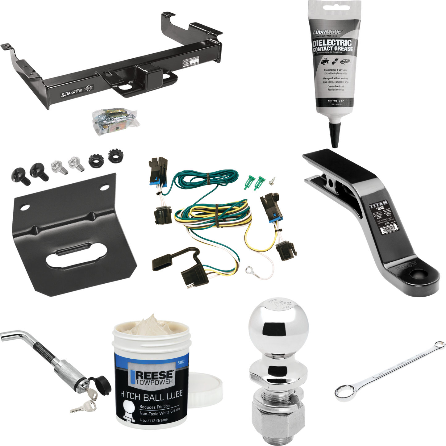 Fits 2003-2023 GMC Savana 2500 Trailer Hitch Tow PKG w/ 4-Flat Wiring Harness + Ball Mount w/ 5" Drop + Hitch Lock + 2-5/16" Ball + Wiring Bracket + Electric Grease + Ball Wrench + Ball Lube By Draw-Tite