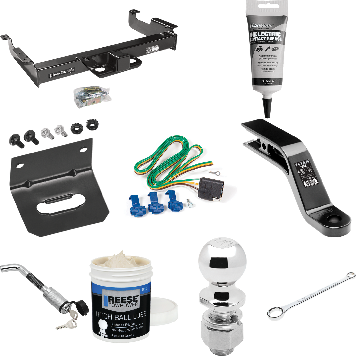 Fits 1996-1999 GMC Savana 3500 Trailer Hitch Tow PKG w/ 4-Flat Wiring Harness + Ball Mount w/ 5" Drop + Hitch Lock + 2-5/16" Ball + Wiring Bracket + Electric Grease + Ball Wrench + Ball Lube By Draw-Tite