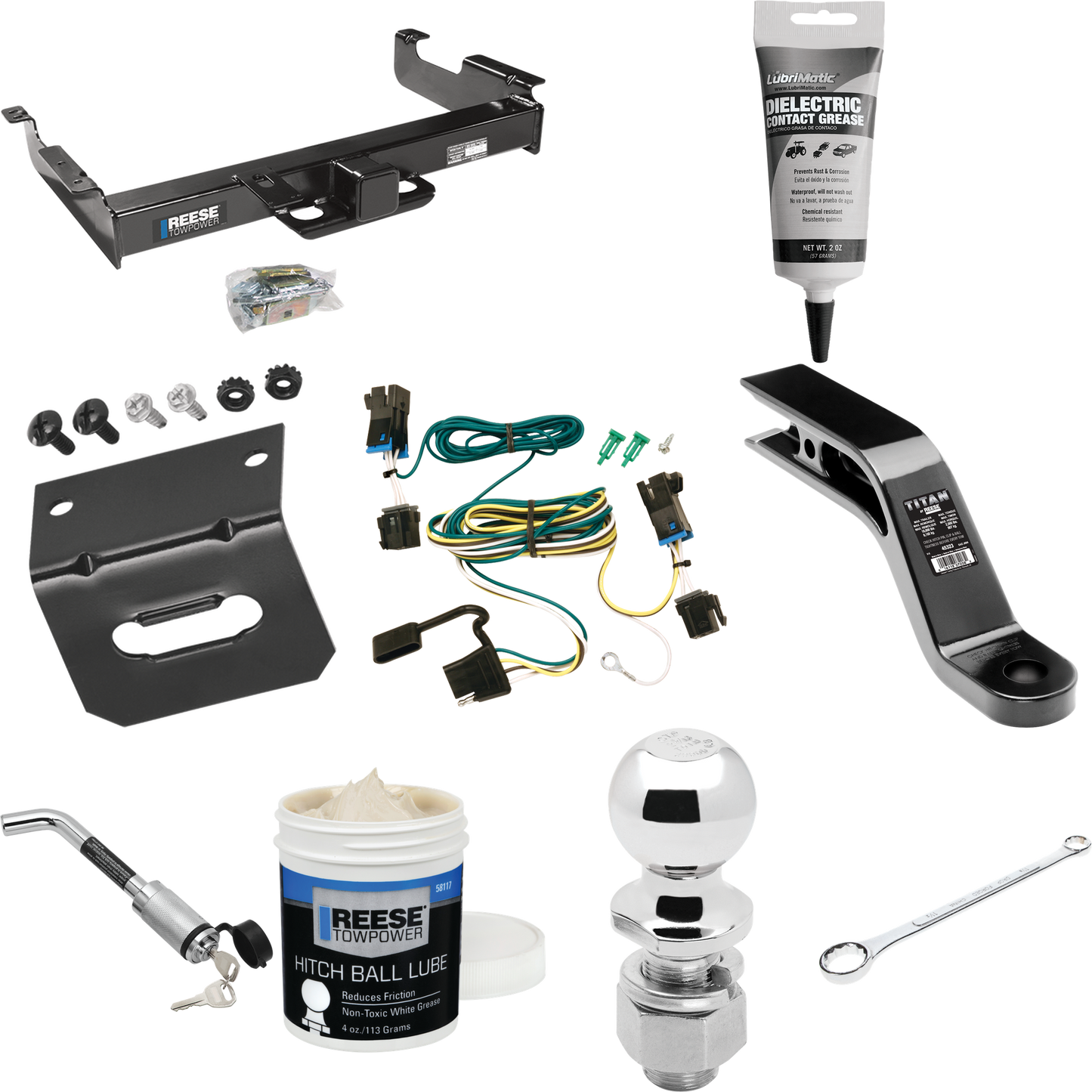 Fits 2003-2023 GMC Savana 2500 Trailer Hitch Tow PKG w/ 4-Flat Wiring Harness + Ball Mount w/ 5" Drop + Hitch Lock + 2-5/16" Ball + Wiring Bracket + Electric Grease + Ball Wrench + Ball Lube By Reese Towpower