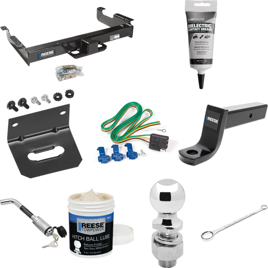 Fits 1996-1999 GMC Savana 2500 Trailer Hitch Tow PKG w/ 4-Flat Wiring Harness + Ball Mount w/ 5" Drop + Hitch Lock + 2-5/16" Ball + Wiring Bracket + Electric Grease + Ball Wrench + Ball Lube By Reese Towpower