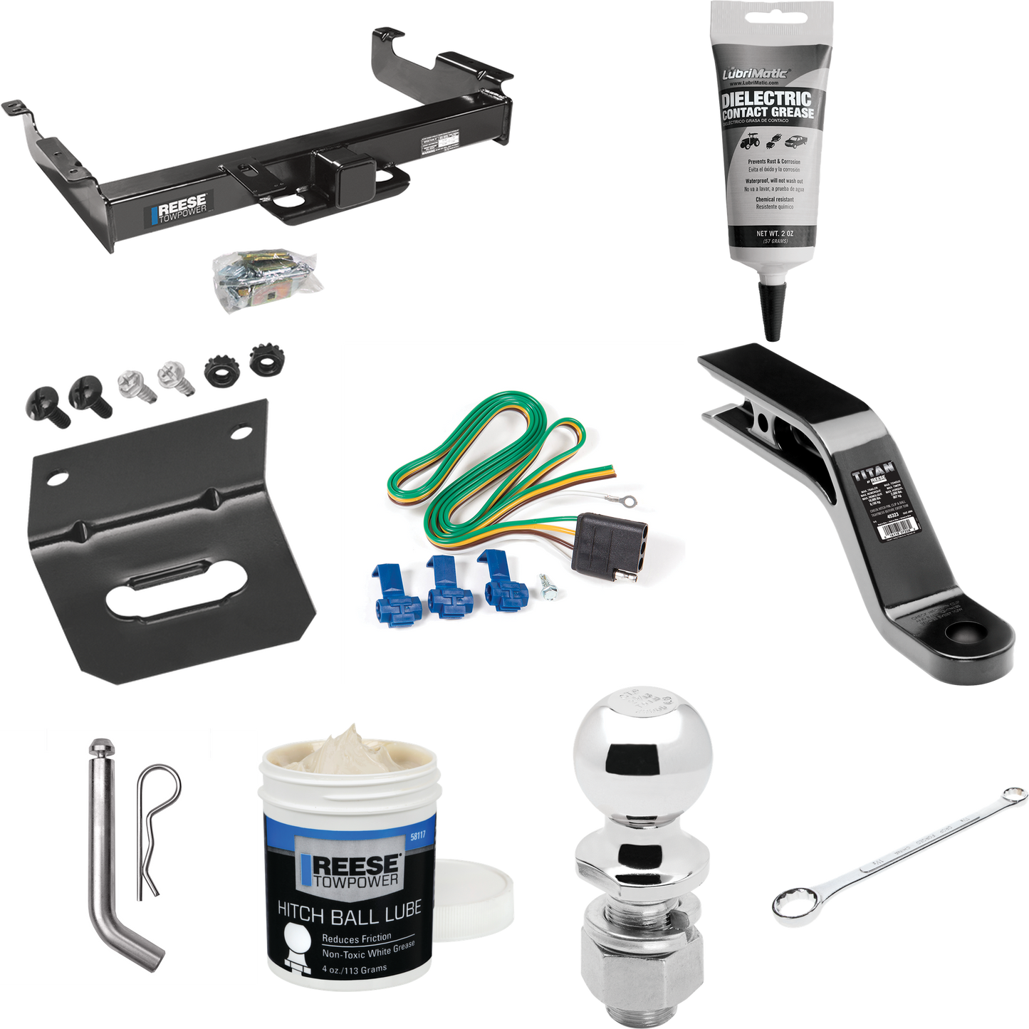 Fits 1996-1999 GMC Savana 2500 Trailer Hitch Tow PKG w/ 4-Flat Wiring Harness + Ball Mount w/ 5" Drop + Pin/Clip + 2-5/16" Ball + Wiring Bracket + Electric Grease + Ball Wrench + Ball Lube By Reese Towpower