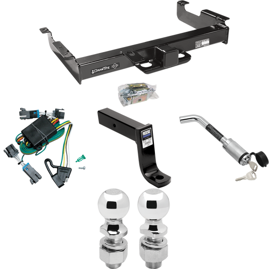 Fits 2000-2002 Chevrolet Express 2500 Trailer Hitch Tow PKG w/ 4-Flat Wiring Harness + Ball Mount w/ 7-3/4" Drop + Hitch Lock + 2" Ball + 2-5/16" Ball By Draw-Tite