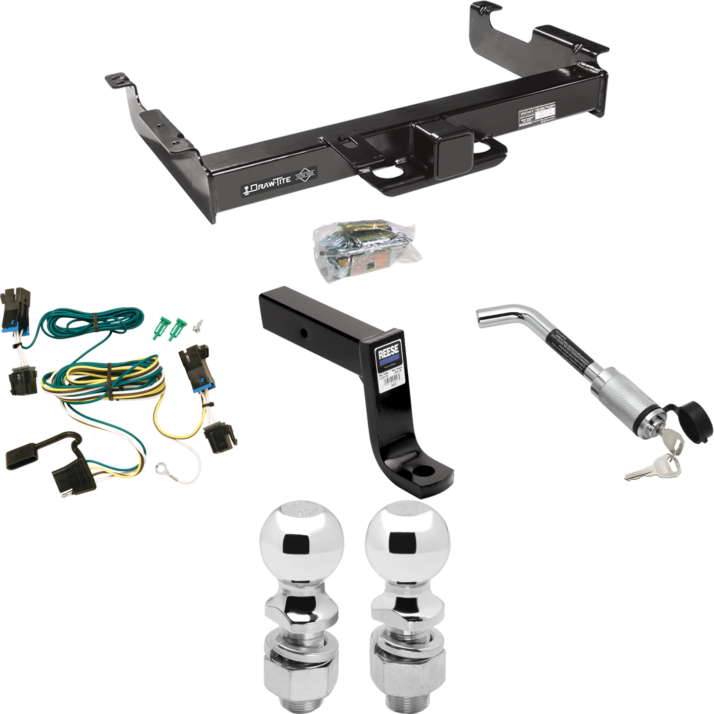 Fits 2003-2023 GMC Savana 2500 Trailer Hitch Tow PKG w/ 4-Flat Wiring Harness + Ball Mount w/ 7-3/4" Drop + Hitch Lock + 2" Ball + 2-5/16" Ball By Draw-Tite