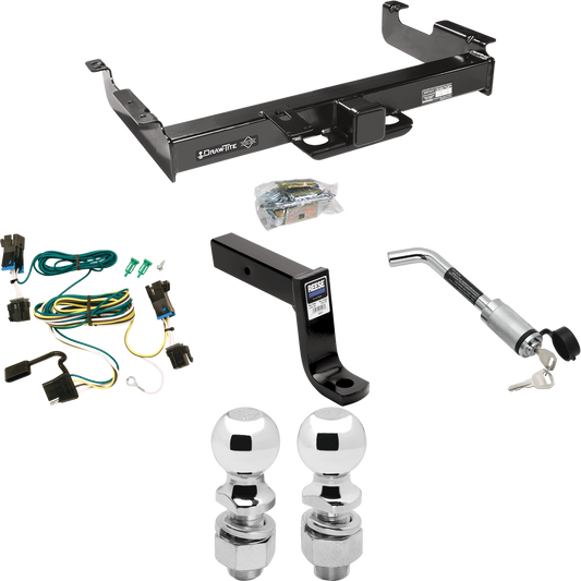 Fits 2003-2023 GMC Savana 2500 Trailer Hitch Tow PKG w/ 4-Flat Wiring Harness + Ball Mount w/ 7-3/4" Drop + Hitch Lock + 2" Ball + 2-5/16" Ball By Draw-Tite