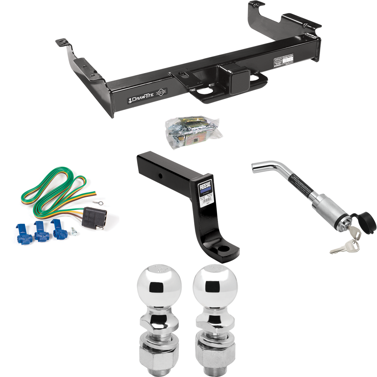 Se adapta al paquete de enganche de remolque GMC Savana 2500 1996-1999 con arnés de cableado plano de 4 + soporte de bola con caída de 7-3/4" + bloqueo de enganche + bola de 2" + bola de 2-5/16" de Draw-Tite