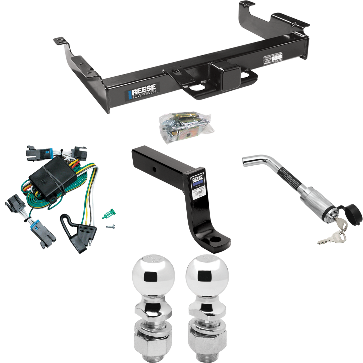 Se adapta al paquete de enganche de remolque GMC Savana 2500 2000-2002 con arnés de cableado de 4 planos + soporte de bola con caída de 7-3/4" + bloqueo de enganche + bola de 2" + bola de 2-5/16" de Reese Towpower