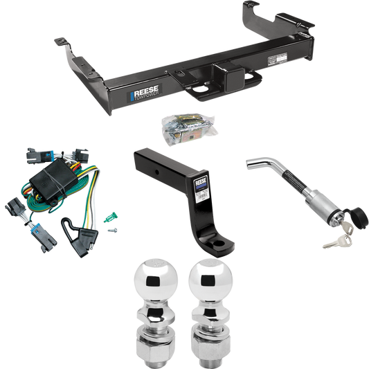 Fits 2000-2002 GMC Savana 2500 Trailer Hitch Tow PKG w/ 4-Flat Wiring Harness + Ball Mount w/ 7-3/4" Drop + Hitch Lock + 2" Ball + 2-5/16" Ball By Reese Towpower