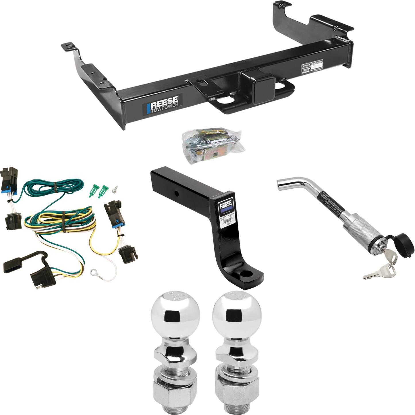 Fits 2003-2023 Chevrolet Express 3500 Trailer Hitch Tow PKG w/ 4-Flat Wiring Harness + Ball Mount w/ 7-3/4" Drop + Hitch Lock + 2" Ball + 2-5/16" Ball By Reese Towpower