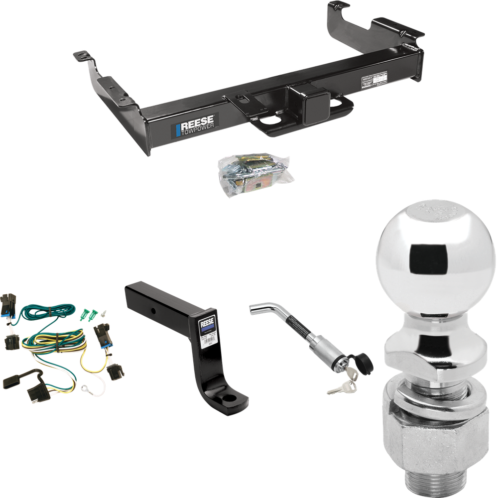 Fits 2003-2023 GMC Savana 2500 Trailer Hitch Tow PKG w/ 4-Flat Wiring Harness + Ball Mount w/ 7-3/4" Drop + Hitch Lock + 2-5/16" Ball By Reese Towpower