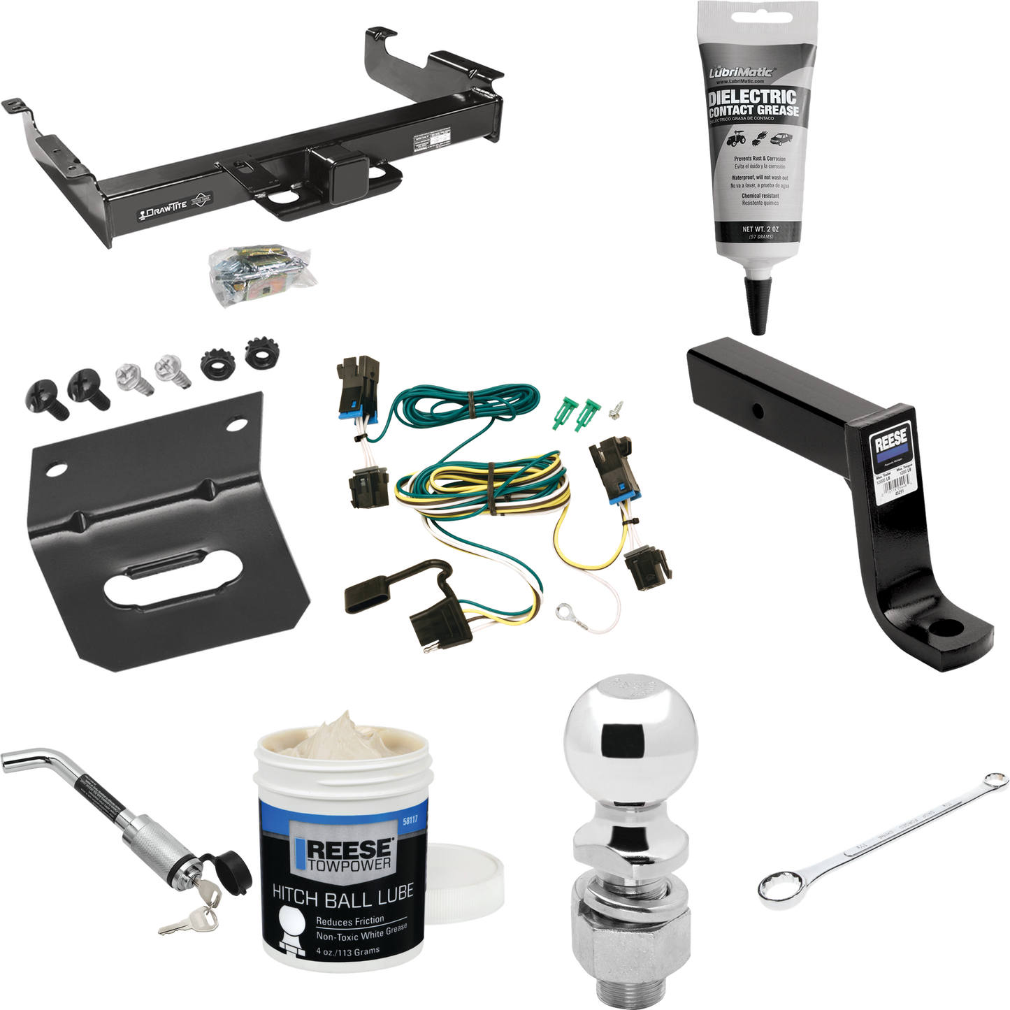 Fits 2003-2023 GMC Savana 2500 Trailer Hitch Tow PKG w/ 4-Flat Wiring Harness + Ball Mount w/ 7-3/4" Drop + Hitch Lock + 2-5/16" Ball + Wiring Bracket + Electric Grease + Ball Wrench + Ball Lube By Draw-Tite