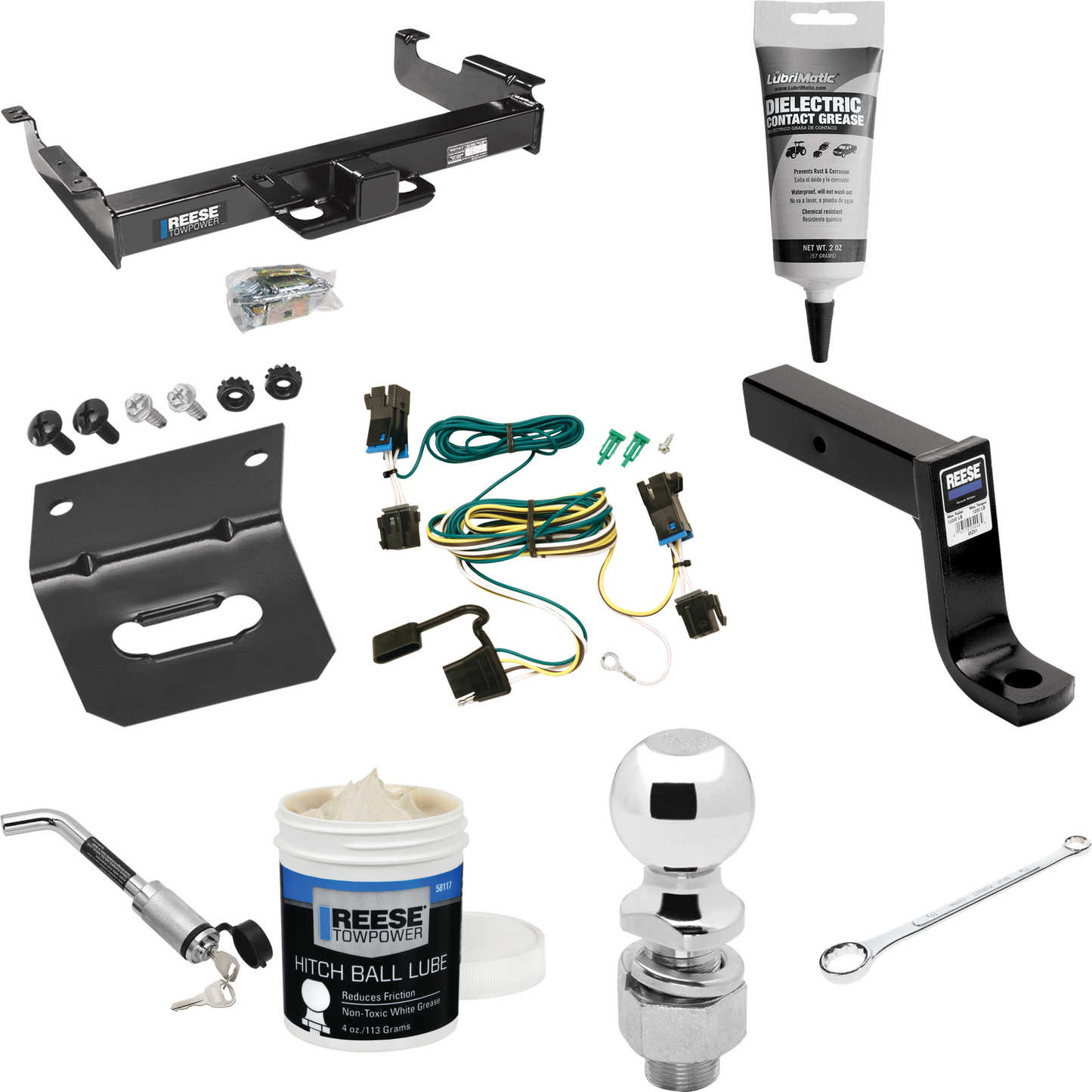 Fits 2003-2023 GMC Savana 2500 Trailer Hitch Tow PKG w/ 4-Flat Wiring Harness + Ball Mount w/ 7-3/4" Drop + Hitch Lock + 2-5/16" Ball + Wiring Bracket + Electric Grease + Ball Wrench + Ball Lube By Reese Towpower