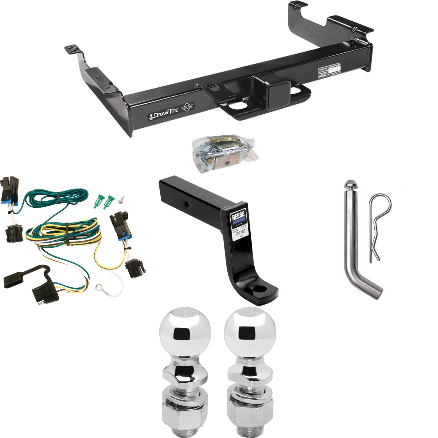 Fits 2003-2023 GMC Savana 2500 Trailer Hitch Tow PKG w/ 4-Flat Wiring Harness + Ball Mount w/ 7-3/4" Drop + Pin/Clip + 2" Ball + 2-5/16" Ball By Draw-Tite