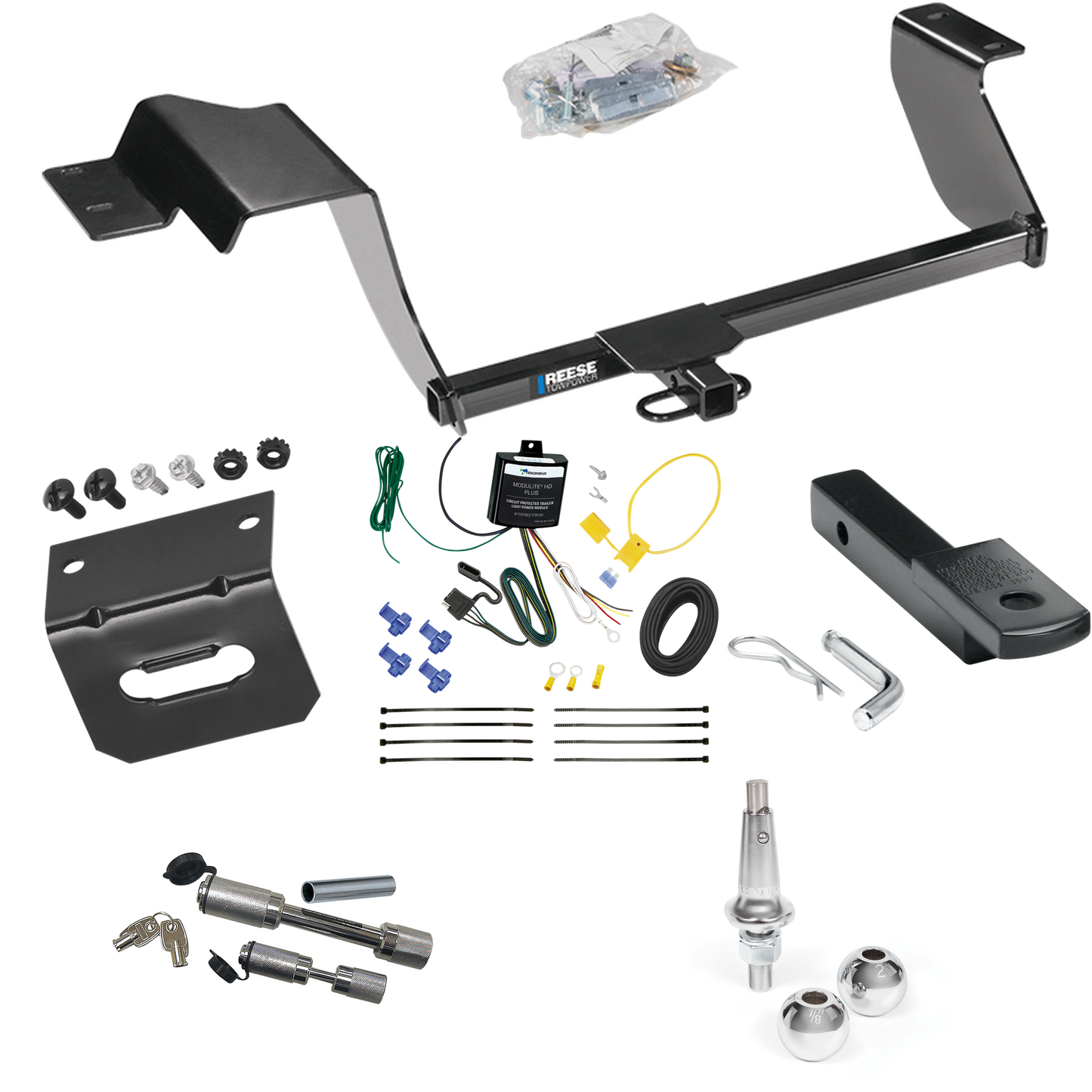 Fits 2017-2020 Chevrolet Sonic Trailer Hitch Tow PKG w/ 4-Flat Wiring Harness + Draw-Bar + Interchangeable 1-7/8" & 2" Balls + Wiring Bracket + Dual Hitch & Coupler Locks (For Hatchback Models) By Reese Towpower