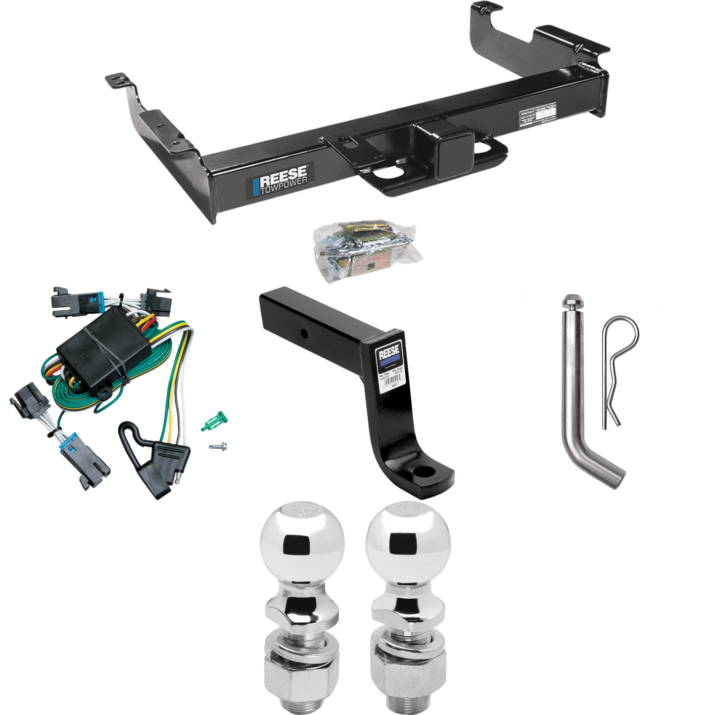 Fits 2000-2002 GMC Savana 2500 Trailer Hitch Tow PKG w/ 4-Flat Wiring Harness + Ball Mount w/ 7-3/4" Drop + Pin/Clip + 2" Ball + 2-5/16" Ball By Reese Towpower