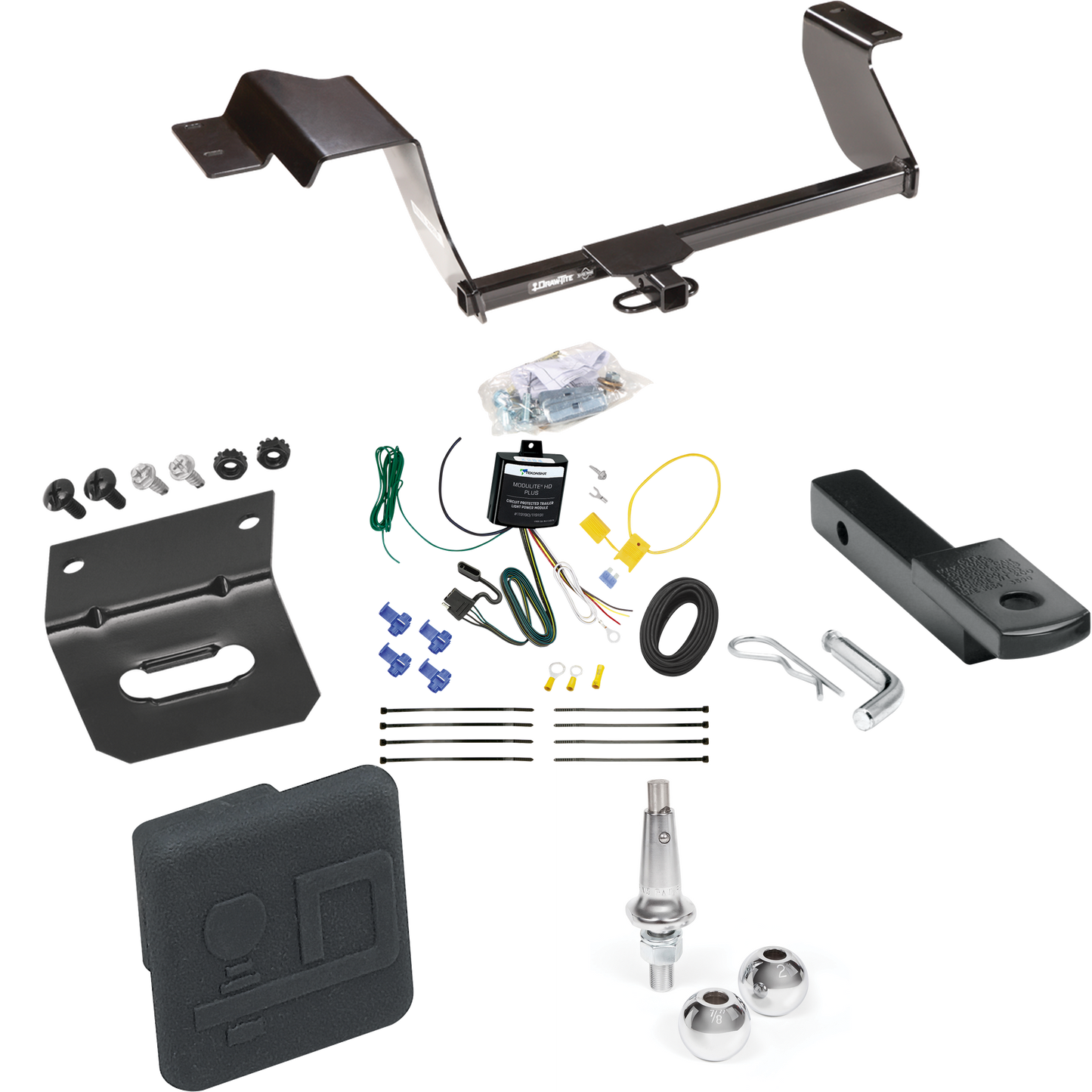 Fits 2017-2020 Chevrolet Sonic Trailer Hitch Tow PKG w/ 4-Flat Wiring Harness + Draw-Bar + Interchangeable 1-7/8" & 2" Balls + Wiring Bracket + Hitch Cover (For Hatchback Models) By Draw-Tite