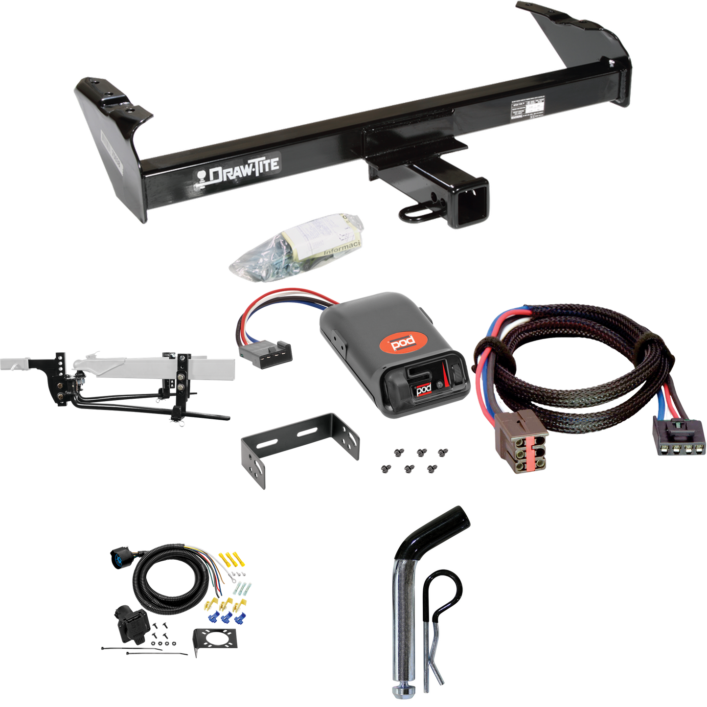 Fits 1994-1996 Ford F-250 Trailer Hitch Tow PKG w/ 8K Round Bar Weight Distribution Hitch w/ 2-5/16" Ball + Pin/Clip + Pro Series POD Brake Control + Plug & Play BC Adapter + 7-Way RV Wiring By Draw-Tite