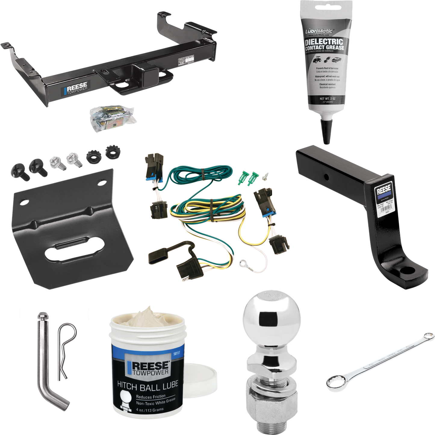 Fits 2003-2023 GMC Savana 2500 Trailer Hitch Tow PKG w/ 4-Flat Wiring Harness + Ball Mount w/ 7-3/4" Drop + Pin/Clip + 2-5/16" Ball + Wiring Bracket + Electric Grease + Ball Wrench + Ball Lube By Reese Towpower