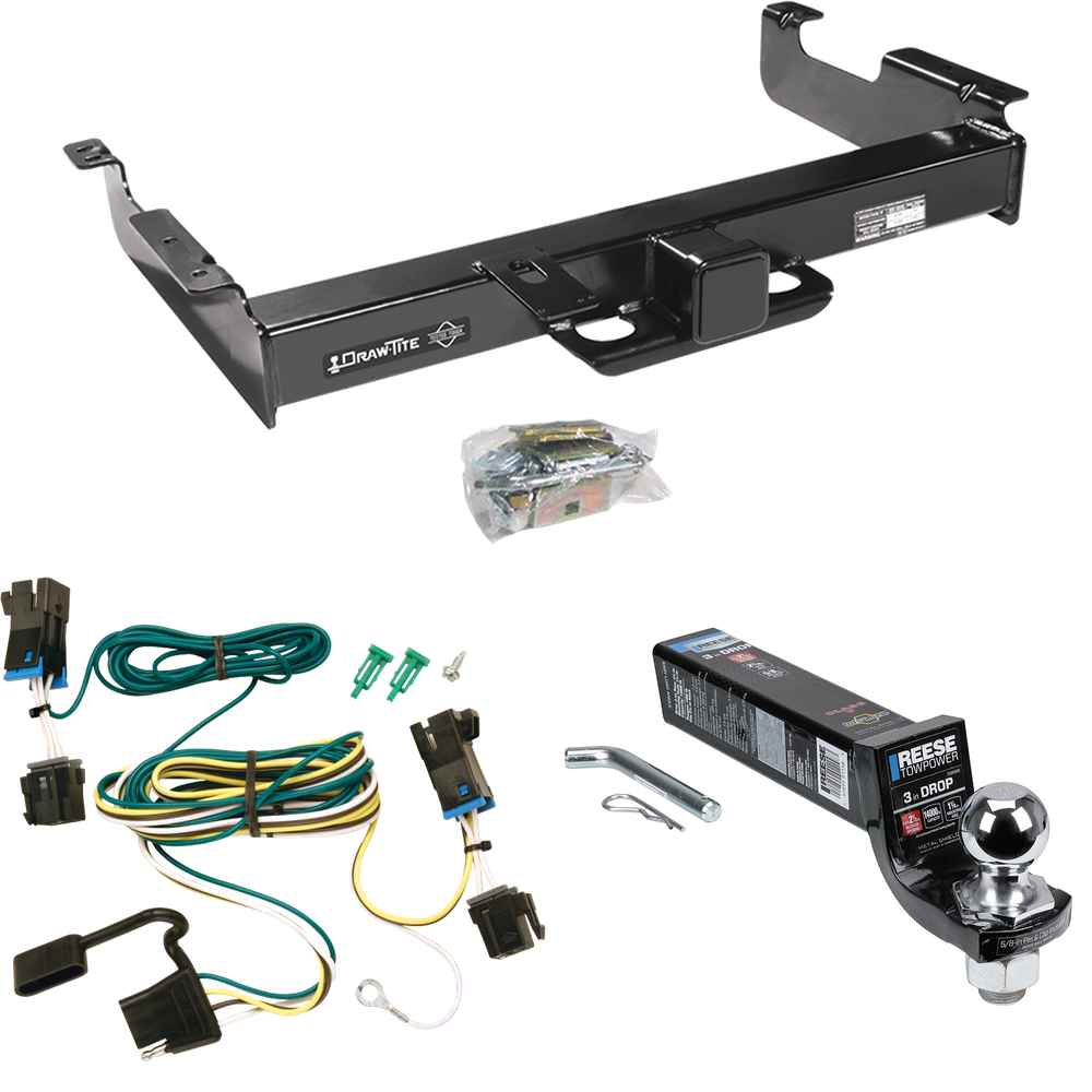 Fits 2003-2023 GMC Savana 3500 Trailer Hitch Tow PKG w/ 4-Flat Wiring Harness + Interlock Ball Mount Starter Kit 3" Drop w/ 2" Ball By Draw-Tite