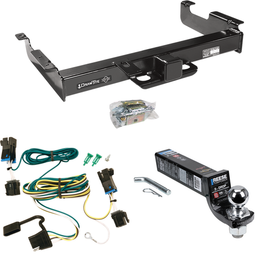 Fits 2003-2023 GMC Savana 3500 Trailer Hitch Tow PKG w/ 4-Flat Wiring Harness + Interlock Ball Mount Starter Kit 3" Drop w/ 2" Ball By Draw-Tite