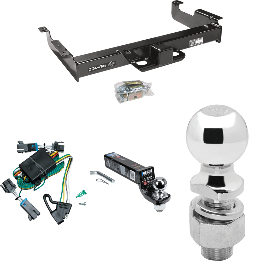 Fits 2000-2002 Chevrolet Express 2500 Trailer Hitch Tow PKG w/ 4-Flat Wiring Harness + Interlock Ball Mount Starter Kit 3" Drop w/ 2" Ball + 2-5/16" Ball By Draw-Tite