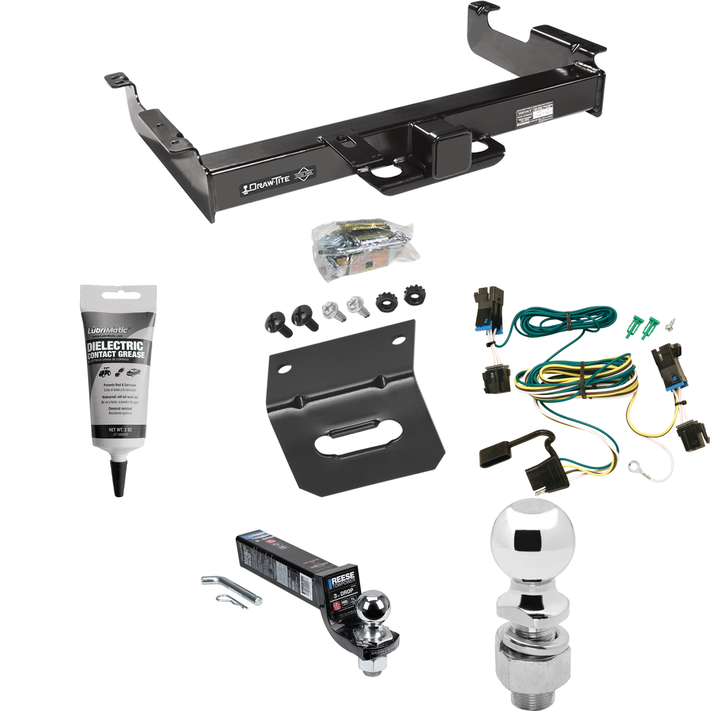 Fits 2003-2023 Chevrolet Express 2500 Trailer Hitch Tow PKG w/ 4-Flat Wiring Harness + Interlock Ball Mount Starter Kit 3" Drop w/ 2" Ball + 2-5/16" Ball + Wiring Bracket + Electric Grease By Draw-Tite