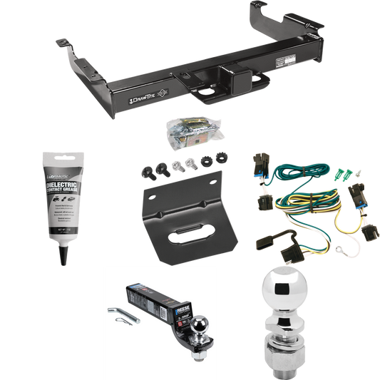 Fits 2003-2023 Chevrolet Express 2500 Trailer Hitch Tow PKG w/ 4-Flat Wiring Harness + Interlock Ball Mount Starter Kit 3" Drop w/ 2" Ball + 2-5/16" Ball + Wiring Bracket + Electric Grease By Draw-Tite