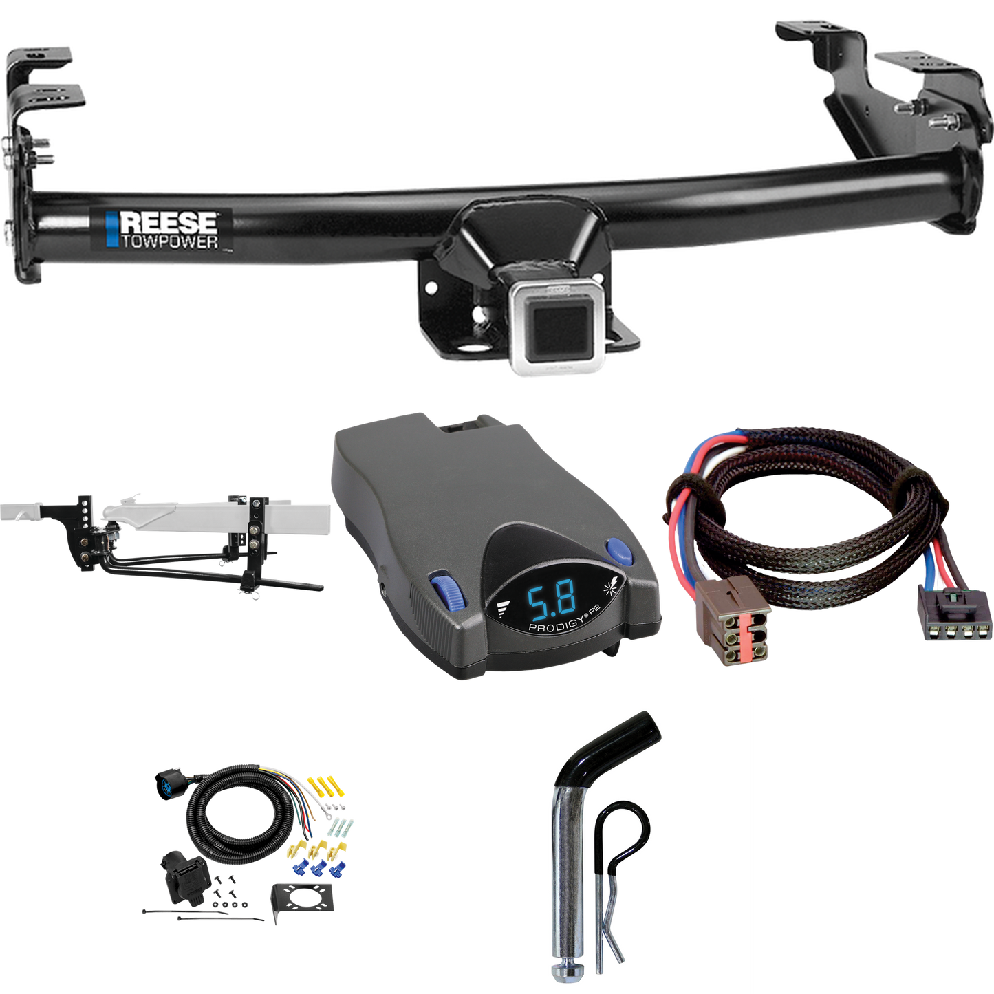 Fits 1994-1996 Ford F-250 Trailer Hitch Tow PKG w/ 8K Round Bar Weight Distribution Hitch w/ 2-5/16" Ball + Pin/Clip + Tekonsha Prodigy P2 Brake Control + Plug & Play BC Adapter + 7-Way RV Wiring By Reese Towpower