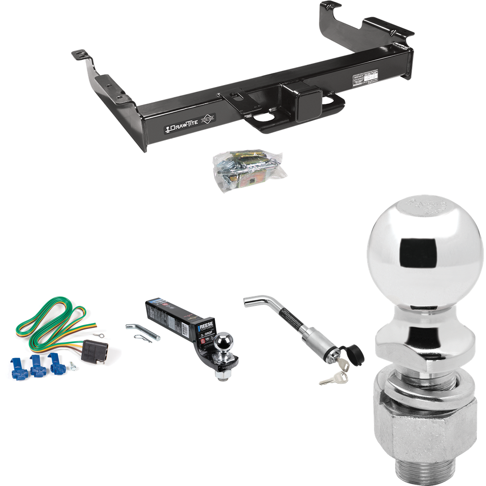 Fits 1996-1999 GMC Savana 2500 Trailer Hitch Tow PKG w/ 4-Flat Wiring Harness + Interlock Ball Mount Starter Kit 3" Drop w/ 2" Ball + Hitch Lock + 2-5/16" Ball + Hitch Lock By Draw-Tite