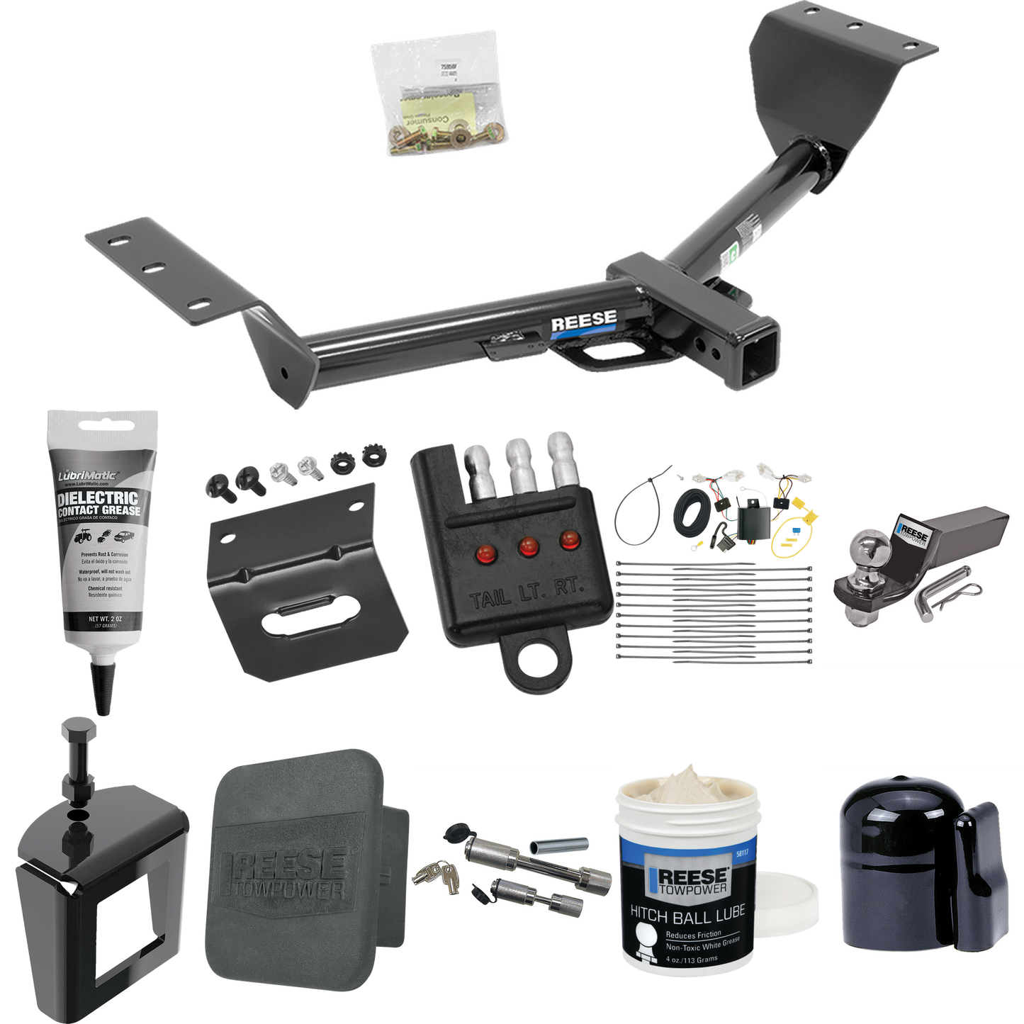 Fits 2015-2017 Lexus NX200t Trailer Hitch Tow PKG w/ 4-Flat Wiring + Starter Kit Ball Mount w/ 2" Drop & 2" Ball + 1-7/8" Ball + Wiring Bracket + Dual Hitch & Coupler Locks + Hitch Cover + Wiring Tester + Ball Lube + Electric Grease + Ball Wrench + A