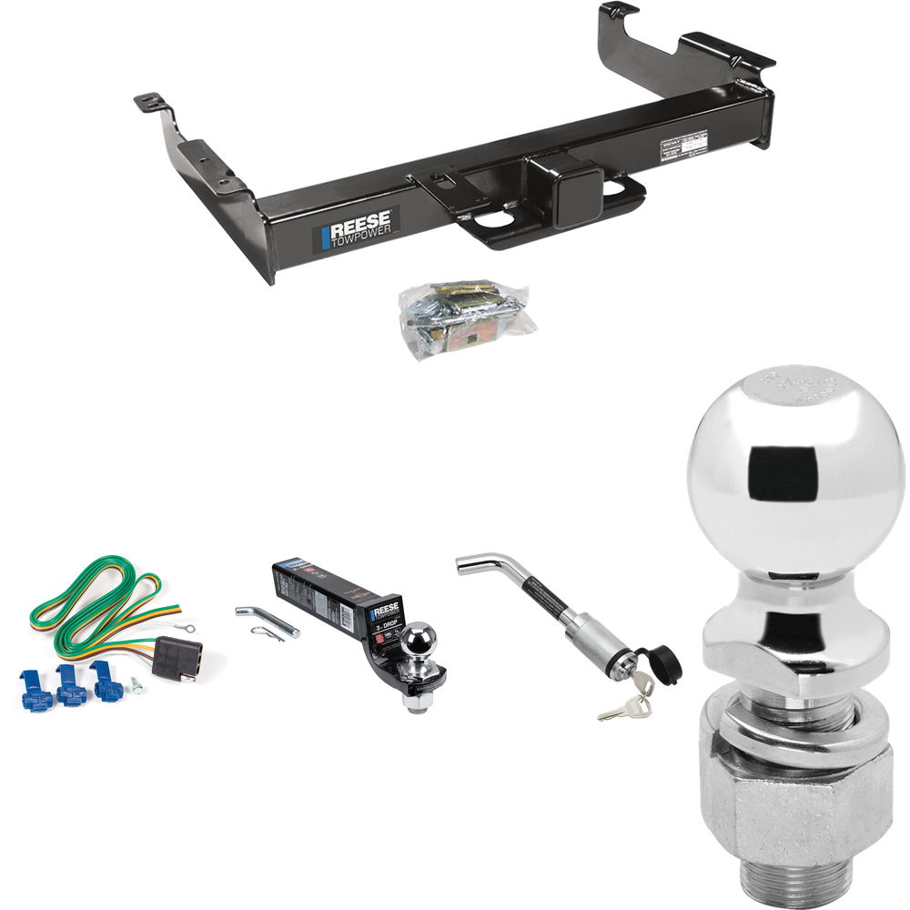 Fits 1996-1999 GMC Savana 2500 Trailer Hitch Tow PKG w/ 4-Flat Wiring Harness + Interlock Ball Mount Starter Kit 3" Drop w/ 2" Ball + Hitch Lock + 2-5/16" Ball + Hitch Lock By Reese Towpower