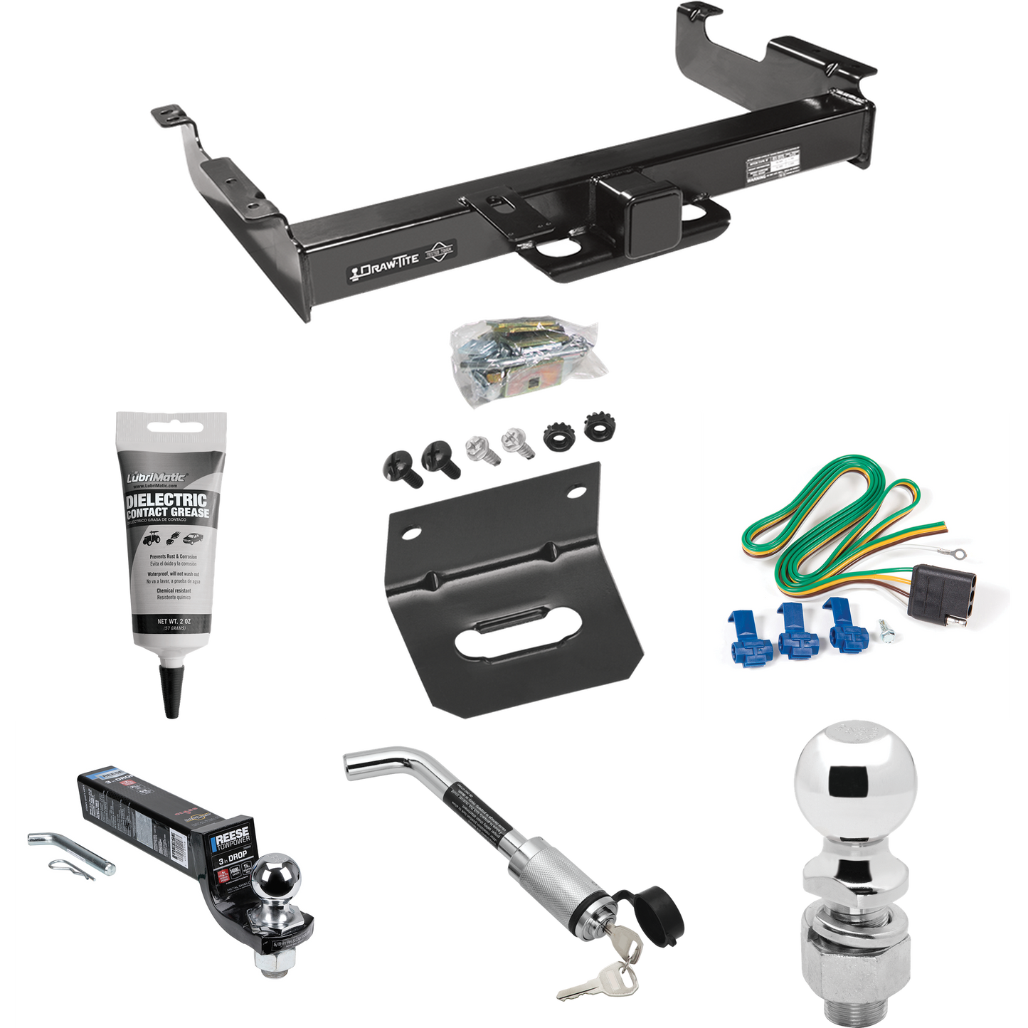 Fits 1996-1999 Chevrolet Express 3500 Trailer Hitch Tow PKG w/ 4-Flat Wiring Harness + Interlock Ball Mount Starter Kit 3" Drop w/ 2" Ball + Hitch Lock + 2-5/16" Ball + Hitch Lock + Wiring Bracket + Electric Grease By Draw-Tite