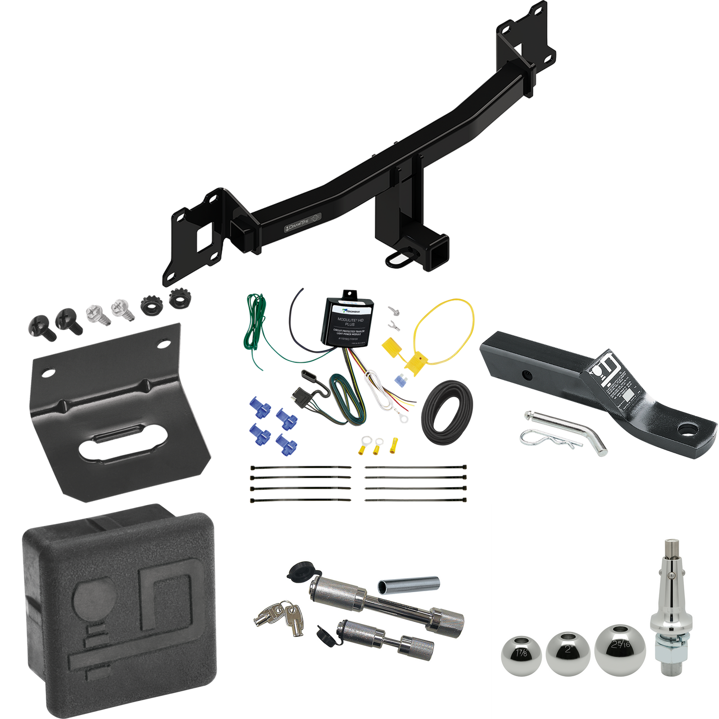 Fits 2020-2021 Land Rover Range Rover Evoque Trailer Hitch Tow PKG w/ 4-Flat Wiring + Ball Mount w/ 2" Drop + Interchangeable Ball 1-7/8" & 2" & 2-5/16" + Wiring Bracket + Dual Hitch & Coupler Locks + Hitch Cover By Draw-Tite