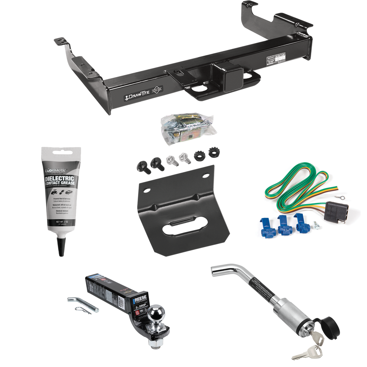 Fits 1996-1999 GMC Savana 2500 Trailer Hitch Tow PKG w/ 4-Flat Wiring Harness + Interlock Ball Mount Starter Kit 3" Drop w/ 2" Ball + Hitch Lock + Wiring Bracket + Electric Grease By Draw-Tite