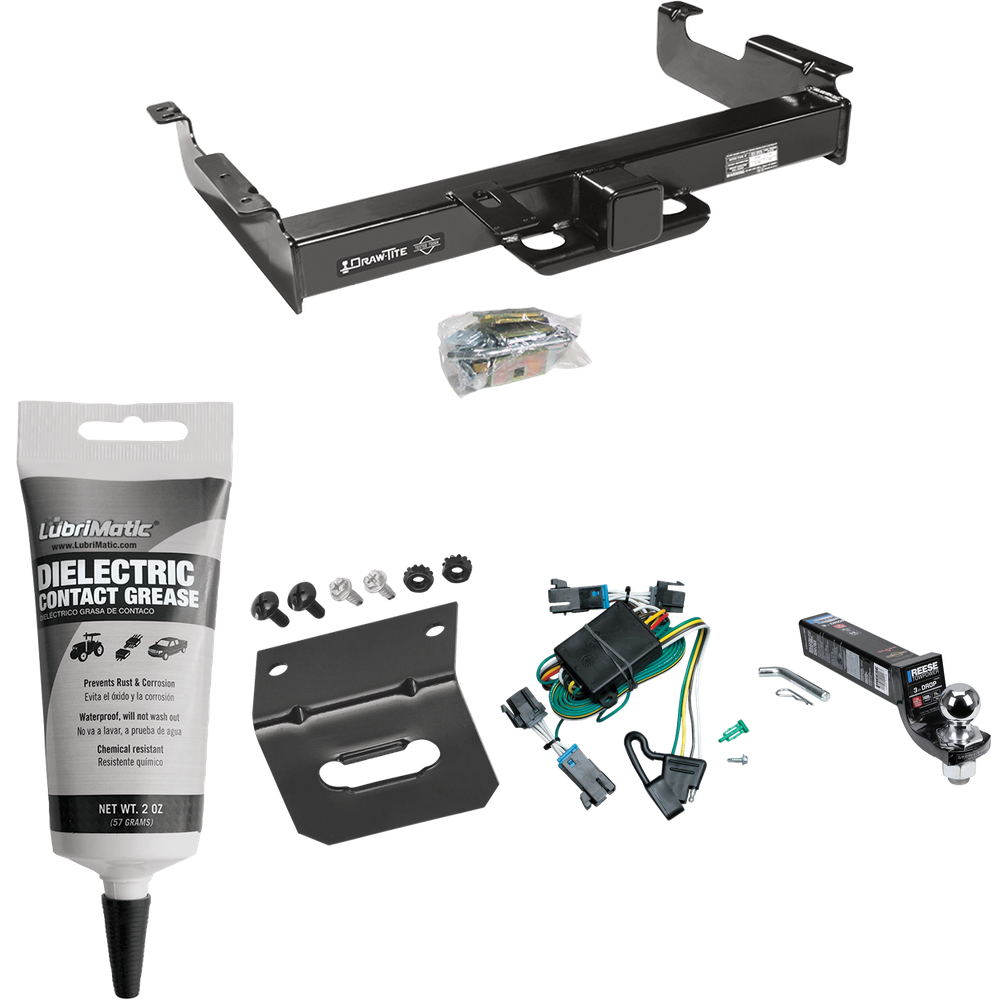 Fits 2000-2002 Chevrolet Express 2500 Trailer Hitch Tow PKG w/ 4-Flat Wiring Harness + Interlock Ball Mount Starter Kit 3" Drop w/ 2" Ball + Wiring Bracket + Electric Grease By Draw-Tite