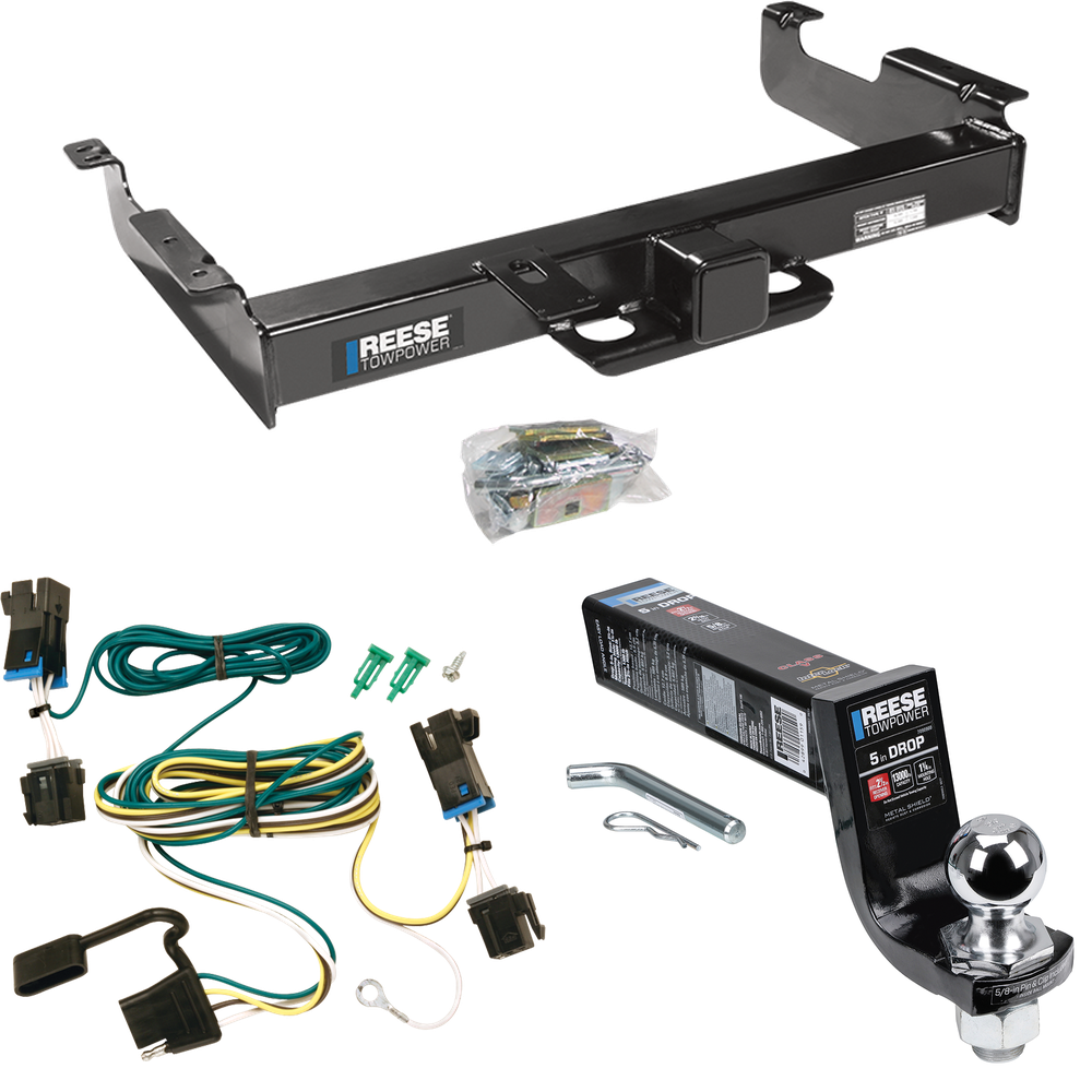 Fits 2003-2023 Chevrolet Express 3500 Trailer Hitch Tow PKG w/ 4-Flat Wiring Harness + Interlock Ball Mount Starter Kit 5" Drop w/ 2" Ball By Reese Towpower