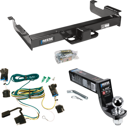 Fits 2003-2023 Chevrolet Express 3500 Trailer Hitch Tow PKG w/ 4-Flat Wiring Harness + Interlock Ball Mount Starter Kit 5" Drop w/ 2" Ball By Reese Towpower