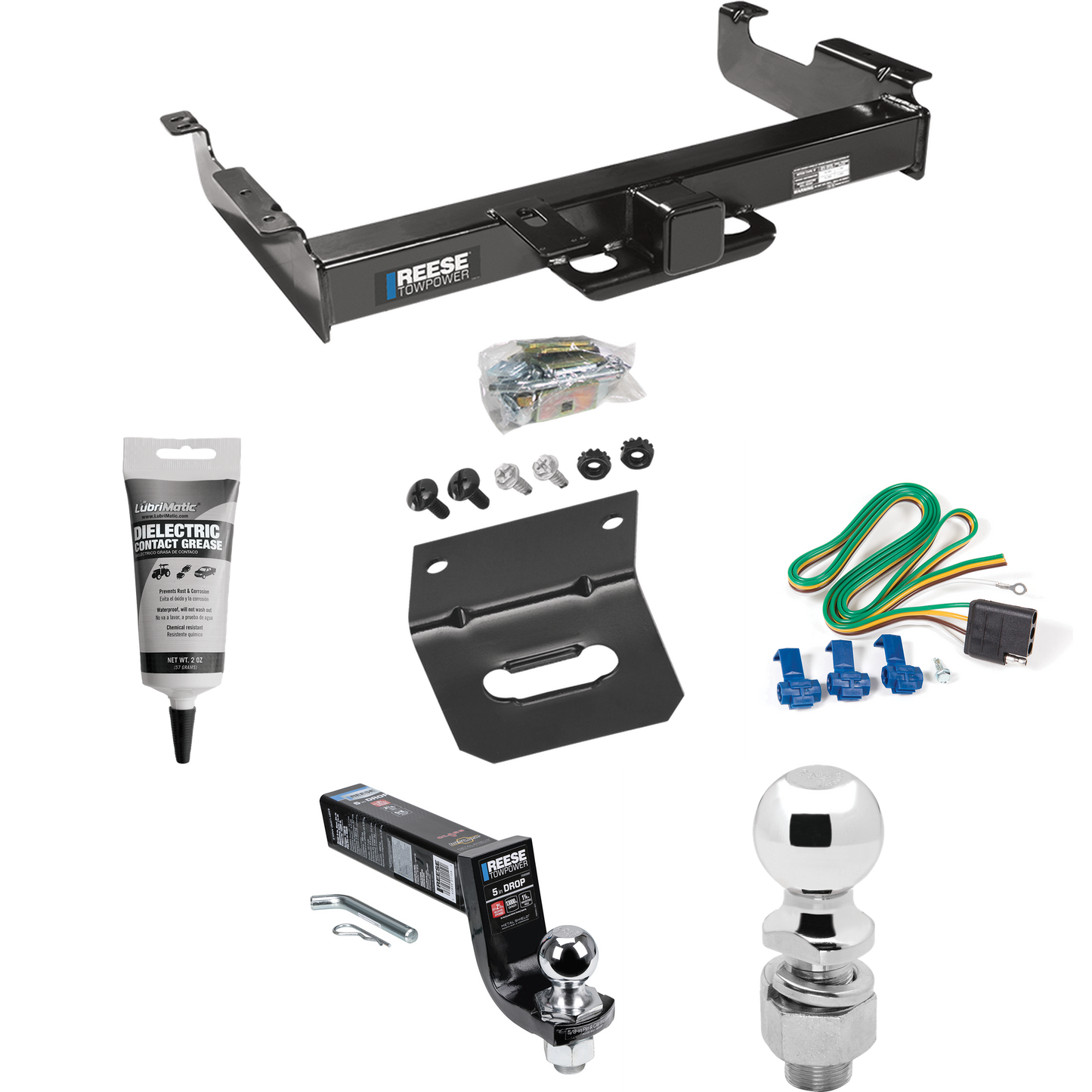 Fits 1996-1999 Chevrolet Express 2500 Trailer Hitch Tow PKG w/ 4-Flat Wiring Harness + Interlock Ball Mount Starter Kit 5" Drop w/ 2" Ball + 2-5/16" Ball + Wiring Bracket + Electric Grease By Reese Towpower